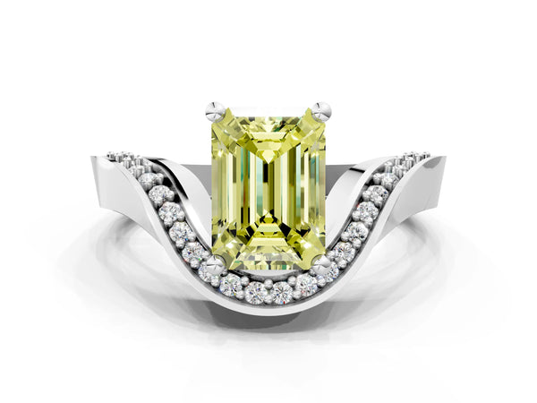 White gold Fancy Yellow Emerald  Solitaire Diamond Engagement Ring with Pave Band and Four-Prong Setting