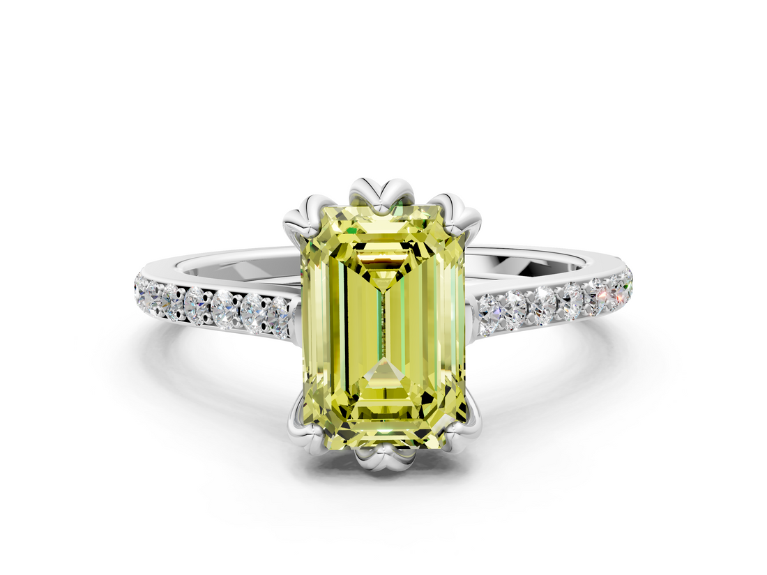 White gold Fancy Yellow Emerald  Solitaire Diamond Engagement Ring with Pave Band and Six-Prong Setting_20