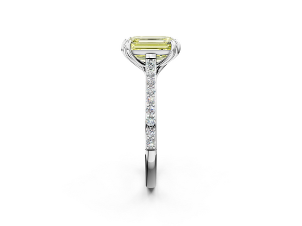 White gold Fancy Yellow Emerald  Solitaire Diamond Engagement Ring with Pave Band and Six-Prong Setting