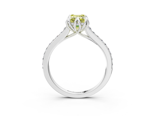 White gold Fancy Yellow Emerald  Solitaire Diamond Engagement Ring with Pave Band and Six-Prong Setting