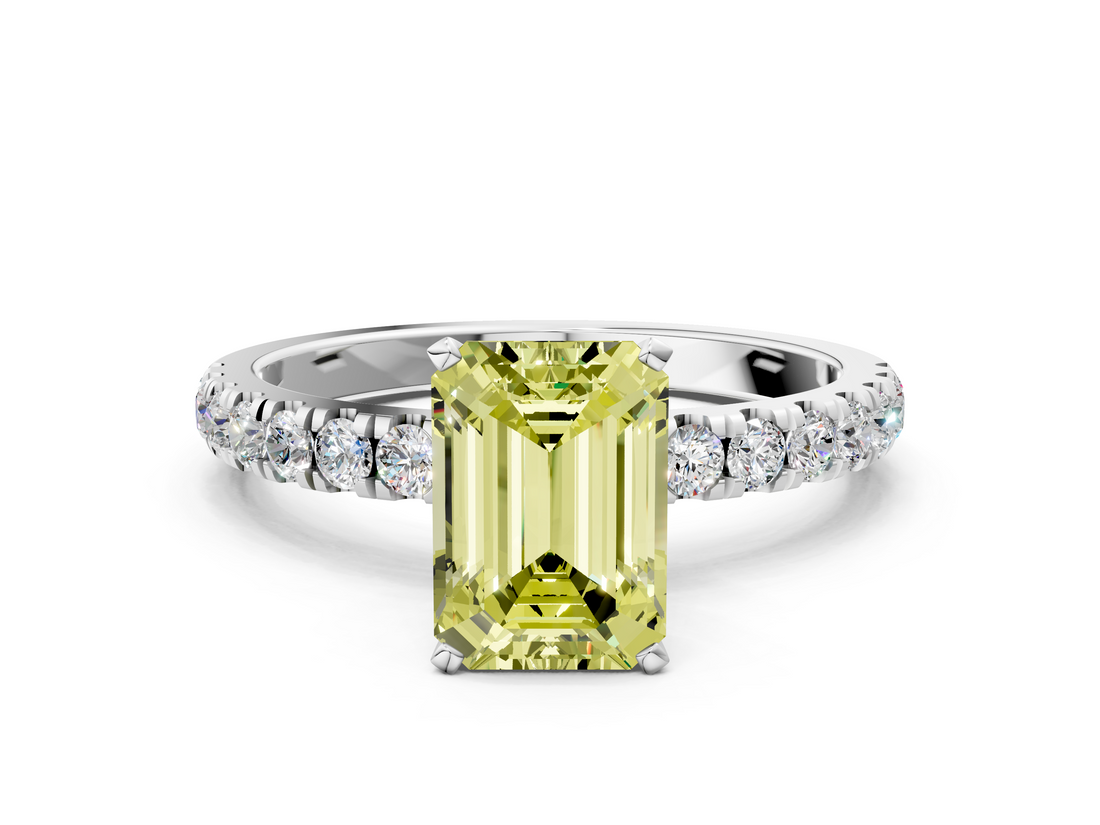 White gold Fancy Yellow Emerald  Solitaire Diamond Pavé Band with Four-Prong Setting_45