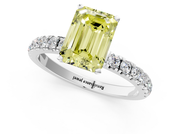 Platinum Fancy Yellow Emerald Cut Diamond Solitaire Ring with Pavé Accents and Four-Prong Setting