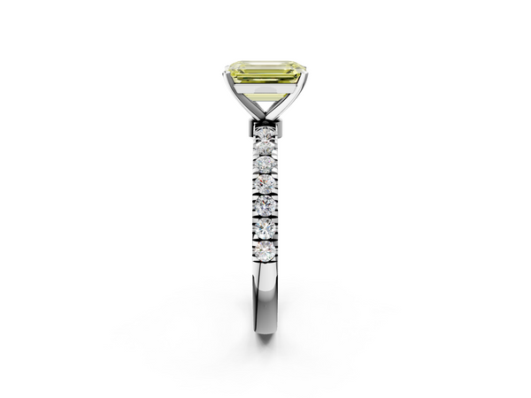Platinum Fancy Yellow Emerald Cut Diamond Solitaire Ring with Pavé Accents and Four-Prong Setting
