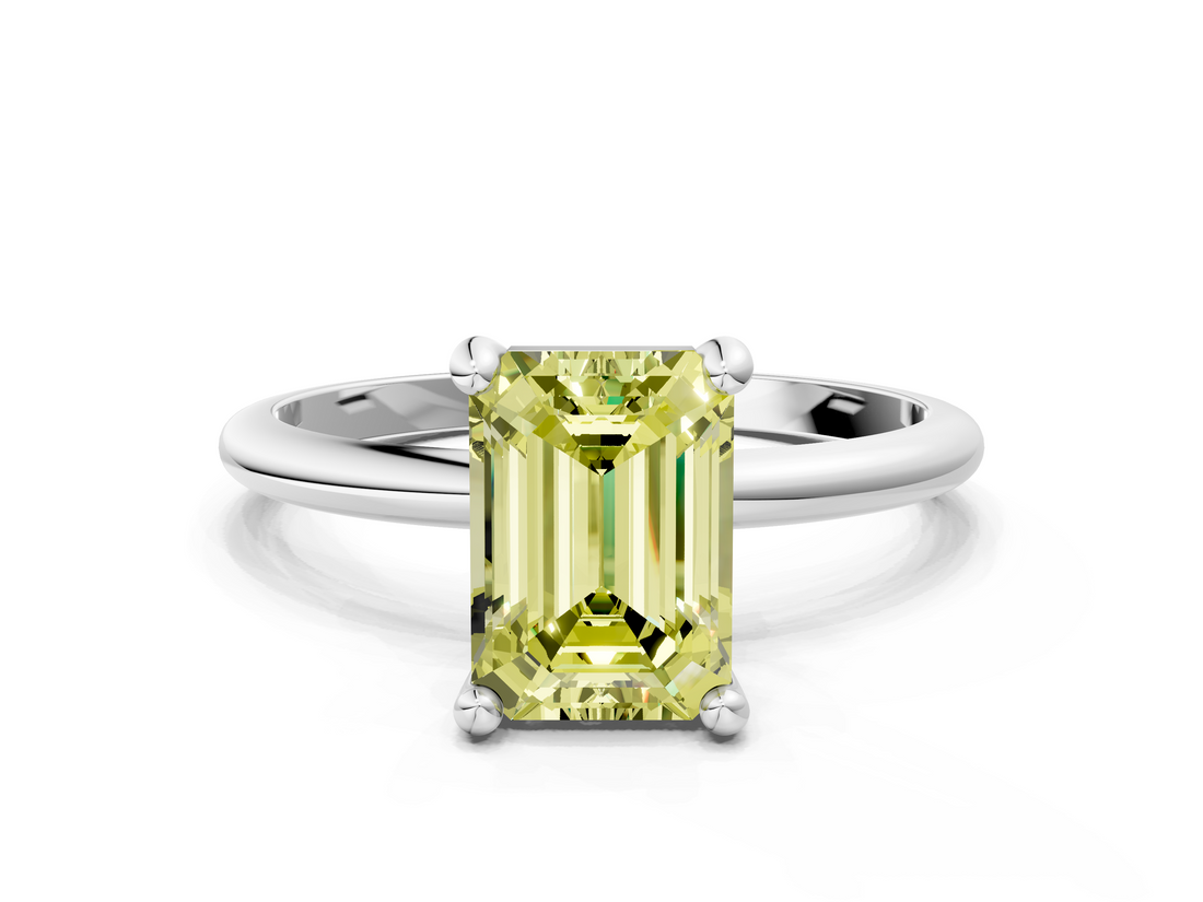 White gold Fancy Yellow Emerald  Solitaire Diamond Ring with 4-Prong Setting on a Classic Band_3