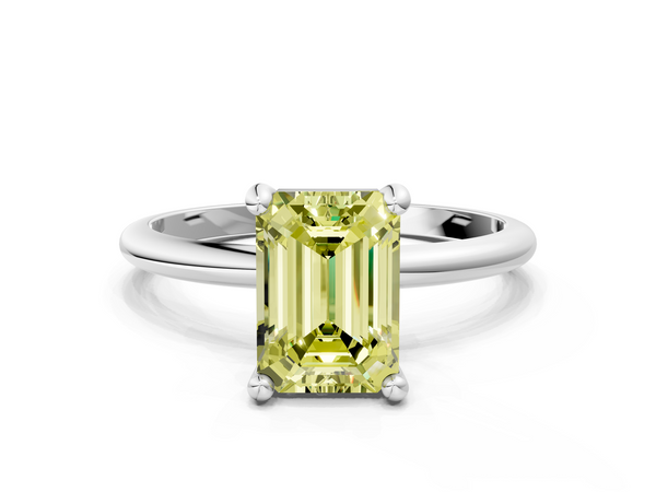 White gold Fancy Yellow Emerald  Solitaire Diamond Ring with 4-Prong Setting on a Classic Band