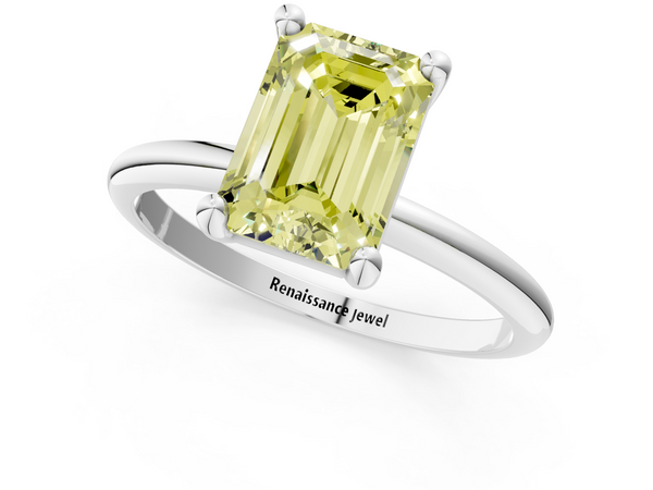 White gold Fancy Yellow Emerald  Solitaire Diamond Ring with 4-Prong Setting on a Classic Band
