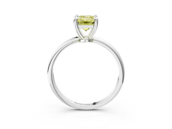 White gold Fancy Yellow Emerald  Solitaire Diamond Ring with 4-Prong Setting on a Classic Band