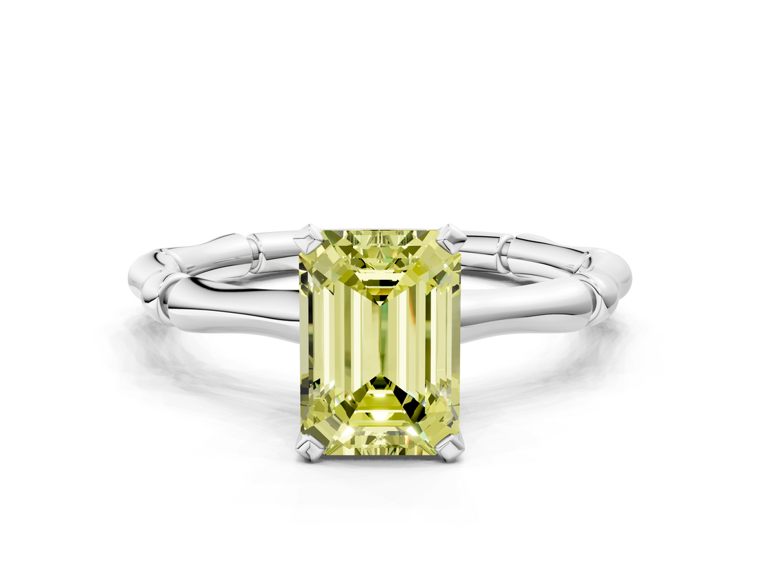 White gold Fancy Yellow Emerald  Solitaire Diamond Ring with Bamboo Band and Four-Prong Setting_54