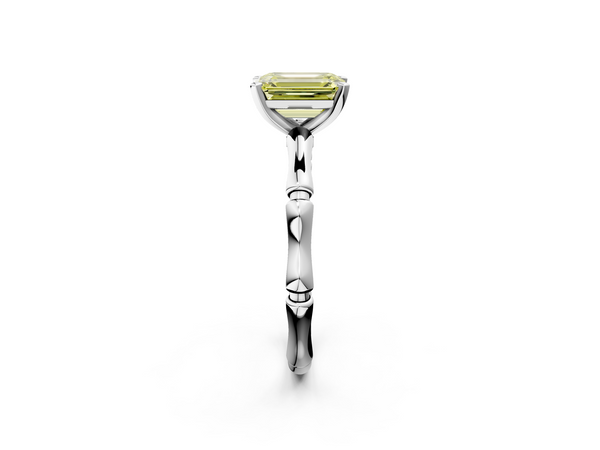 White gold Fancy Yellow Emerald  Solitaire Diamond Ring with Bamboo Band and Four-Prong Setting