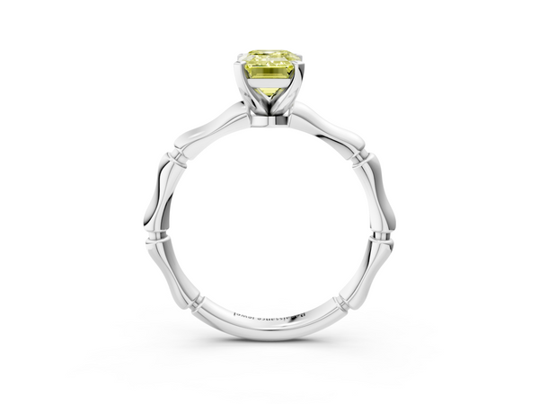 White gold Fancy Yellow Emerald  Solitaire Diamond Ring with Bamboo Band and Four-Prong Setting