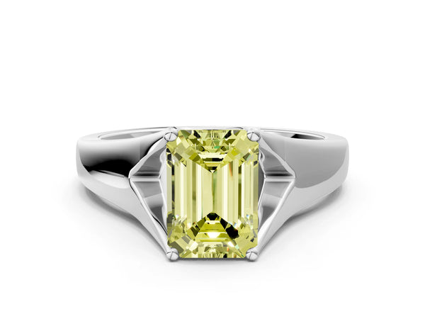 Platinum Fancy Yellow Emerald  Solitaire Diamond Ring with Cathedral Band and Four-Prong Setting