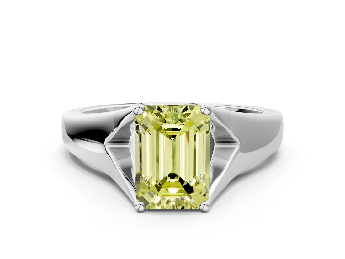 White gold Fancy Yellow Emerald  Solitaire Diamond Ring with Cathedral Band and Four-Prong Setting_66