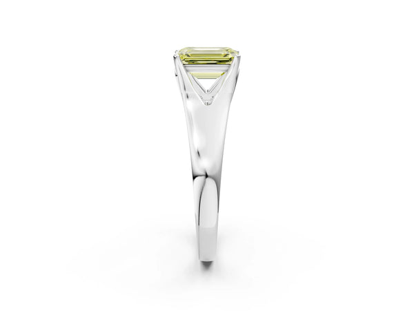 Platinum Fancy Yellow Emerald  Solitaire Diamond Ring with Cathedral Band and Four-Prong Setting