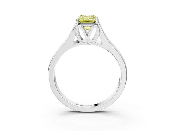 Platinum Fancy Yellow Emerald  Solitaire Diamond Ring with Cathedral Band and Four-Prong Setting
