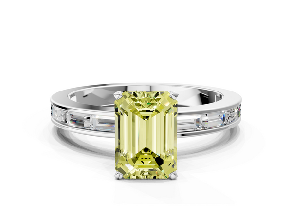 Platinum Fancy Yellow Emerald  Solitaire Diamond Ring with Channel-Set Baguette Band and Four-Prong Setting