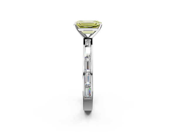Platinum Fancy Yellow Emerald  Solitaire Diamond Ring with Channel-Set Baguette Band and Four-Prong Setting