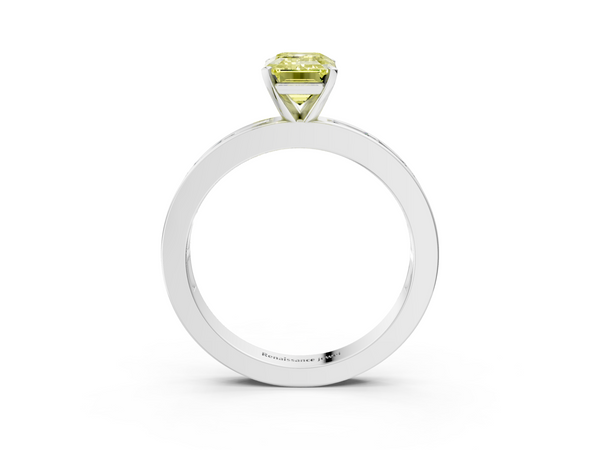 Platinum Fancy Yellow Emerald  Solitaire Diamond Ring with Channel-Set Baguette Band and Four-Prong Setting