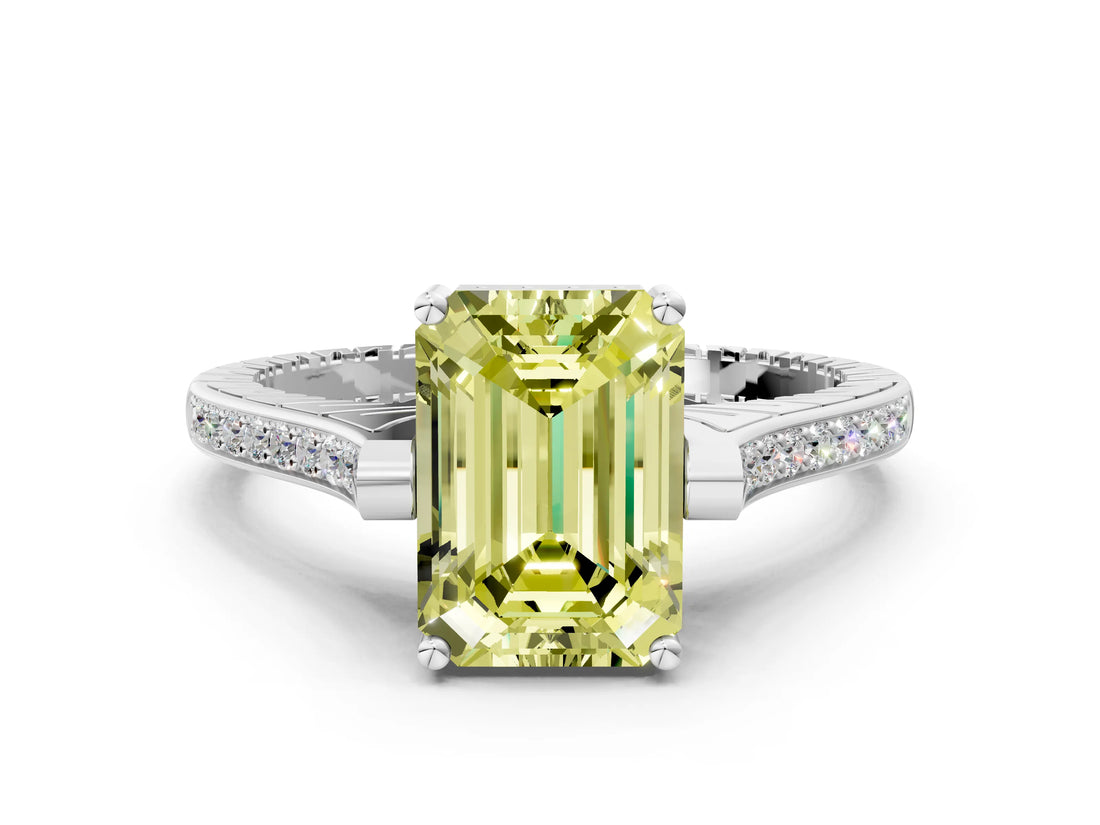 White gold Fancy Yellow Emerald  Solitaire Diamond Ring with Channel Set Band and Bezel Prong Setting_68