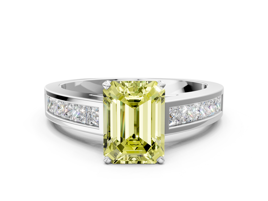 White gold Fancy Yellow Emerald  Solitaire Diamond Ring with Channel-Set Band and Four-Prong Setting_3