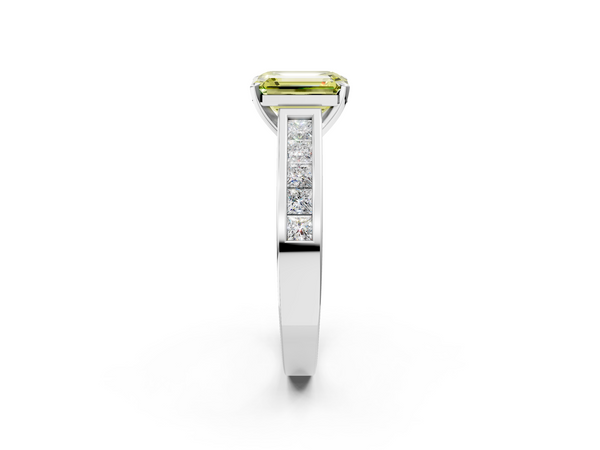 White gold Fancy Yellow Emerald  Solitaire Diamond Ring with Channel-Set Band and Four-Prong Setting