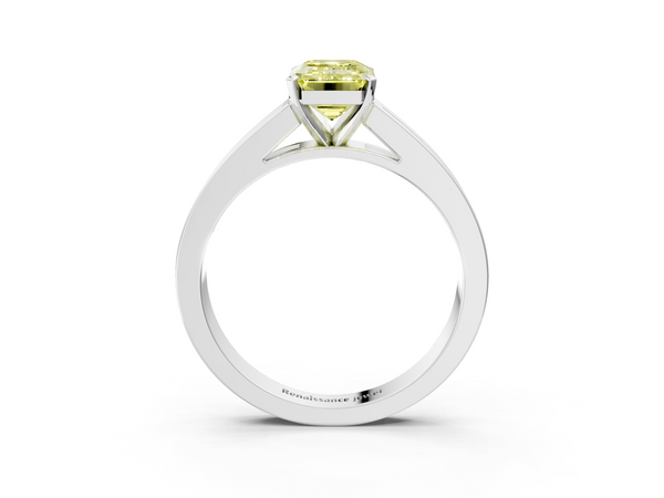 White gold Fancy Yellow Emerald  Solitaire Diamond Ring with Channel-Set Band and Four-Prong Setting
