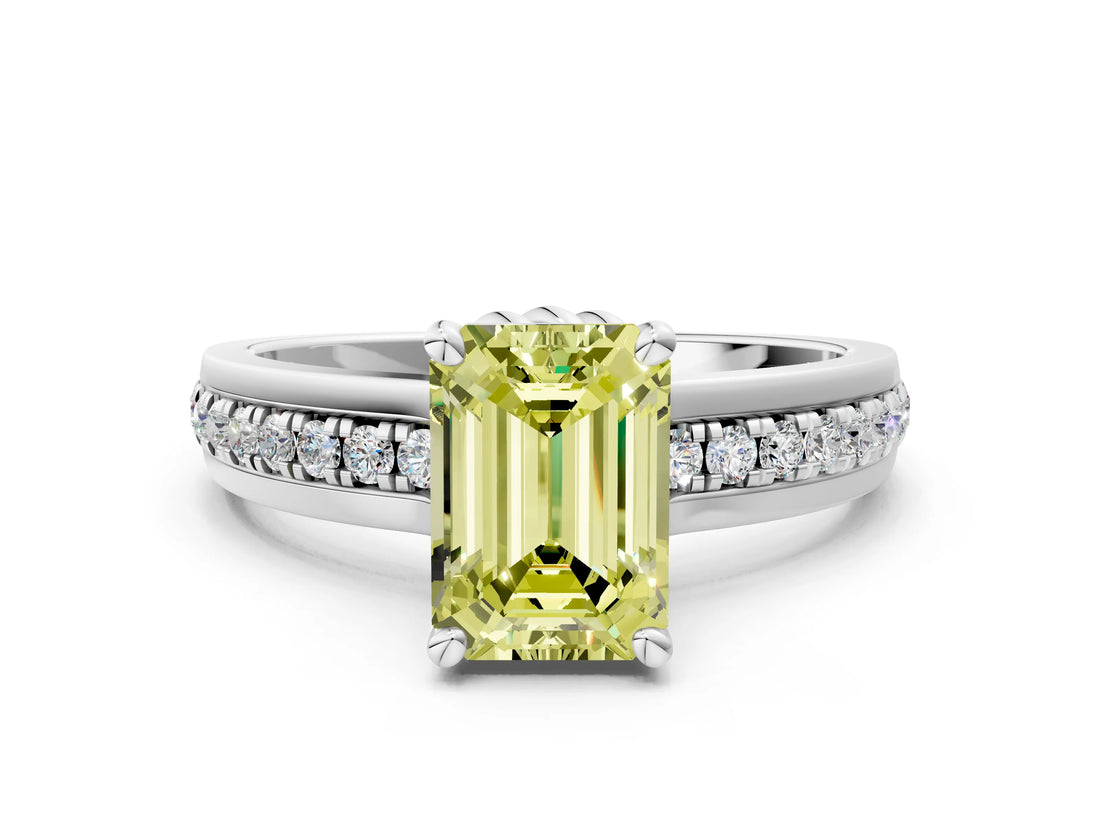 White gold Fancy Yellow Emerald  Solitaire Diamond Ring with Channel Set Band and Six-Prong Setting_48