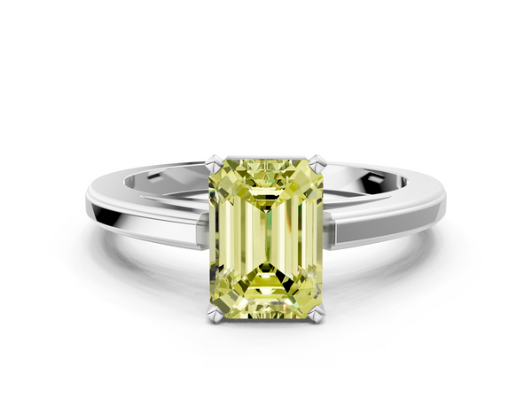 White gold Fancy Yellow Emerald  Solitaire Diamond Ring with Four-Prong Setting and Classic Band