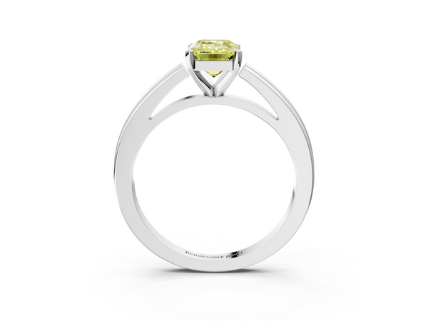 White gold Fancy Yellow Emerald  Solitaire Diamond Ring with Four-Prong Setting and Classic Band