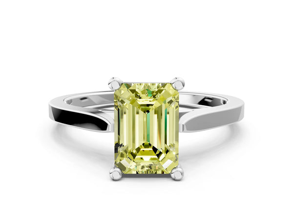 White gold Fancy Yellow Emerald  Solitaire Diamond Ring with Four-Prong Setting and Tapered Band