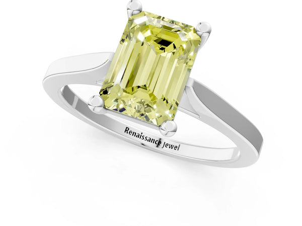 White gold Fancy Yellow Emerald  Solitaire Diamond Ring with Four-Prong Setting and Tapered Band