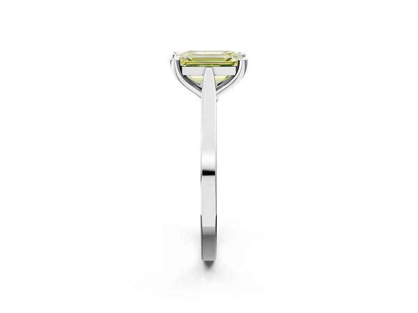 White gold Fancy Yellow Emerald  Solitaire Diamond Ring with Four-Prong Setting and Tapered Band