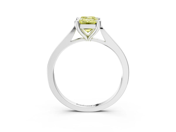 White gold Fancy Yellow Emerald  Solitaire Diamond Ring with Four-Prong Setting and Tapered Band