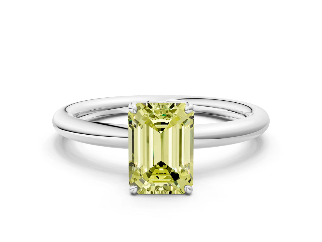 White gold Fancy Yellow Emerald  Solitaire Diamond Ring with Four-Prong Setting on a Plain Band_32