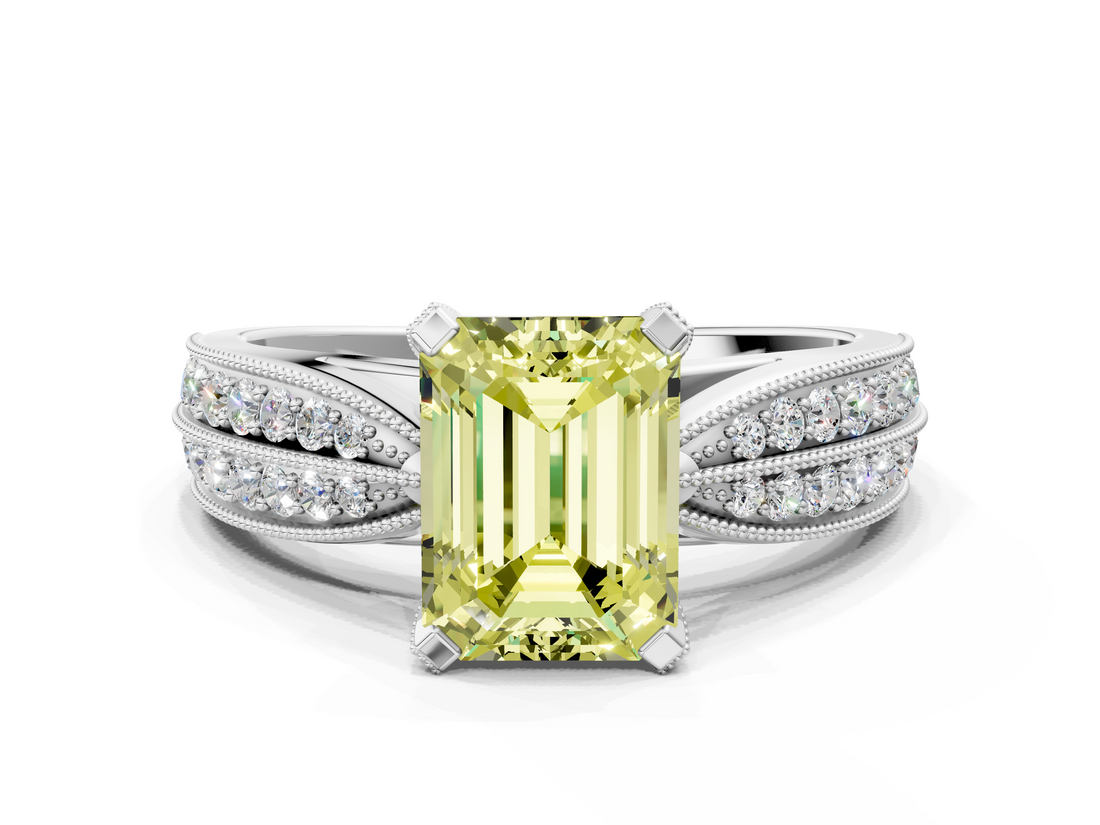 White gold Fancy Yellow Emerald  Solitaire Diamond Ring with Milgrain Pavé Band and Four-Prong Setting_36