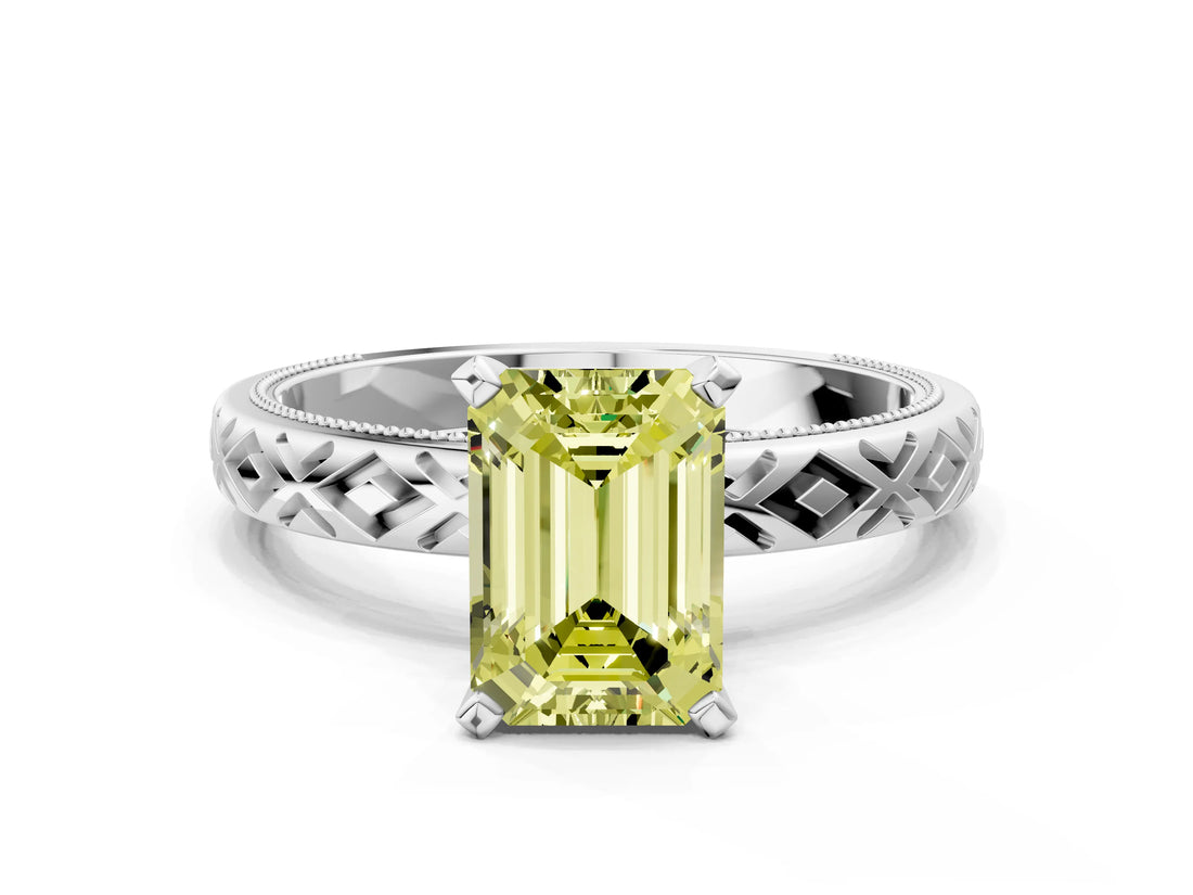 White gold Fancy Yellow Emerald  Solitaire Diamond Ring with Milgrain and Black Enamel X Pattern Band_73