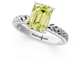 White gold Fancy Yellow Emerald  Solitaire Diamond Ring with Milgrain and Black Enamel X Pattern Band_74