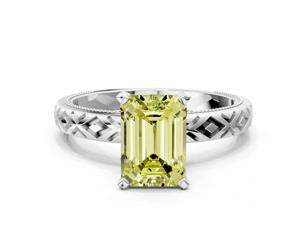 White gold Fancy Yellow Emerald  Solitaire Diamond Ring with Milgrain and Black Enamel X Pattern Band