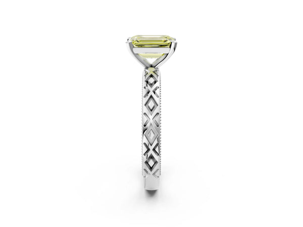 White gold Fancy Yellow Emerald  Solitaire Diamond Ring with Milgrain and Black Enamel X Pattern Band