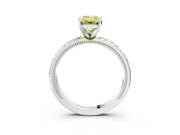 White gold Fancy Yellow Emerald  Solitaire Diamond Ring with Milgrain and Black Enamel X Pattern Band
