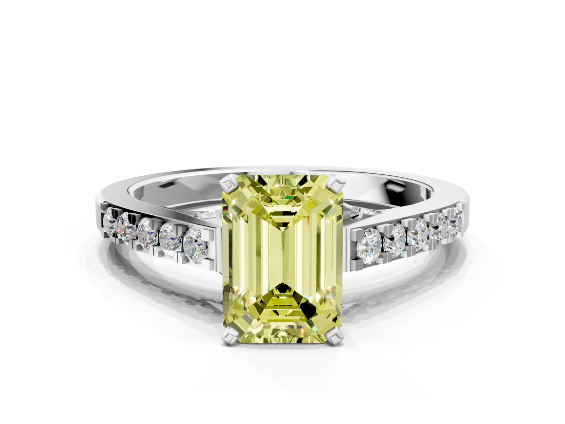 White gold Fancy Yellow Emerald  Solitaire Diamond Ring with Pavé Band and Four-Prong Setting_78
