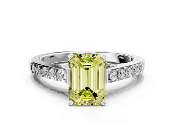 White gold Fancy Yellow Emerald  Diamond Solitaire Ring with Pavé Band and Prong Setting