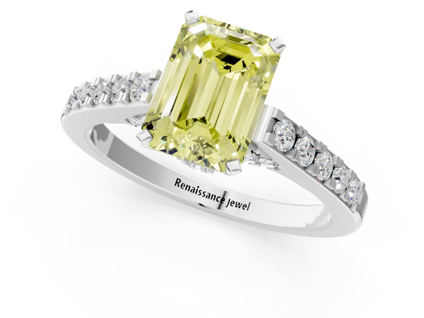 White gold Fancy Yellow Emerald  Diamond Solitaire Ring with Pavé Band and Prong Setting