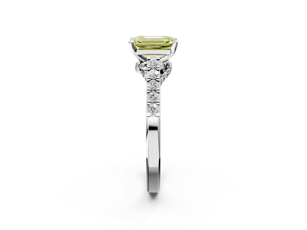 White gold Fancy Yellow Emerald  Diamond Solitaire Ring with Pavé Band and Prong Setting