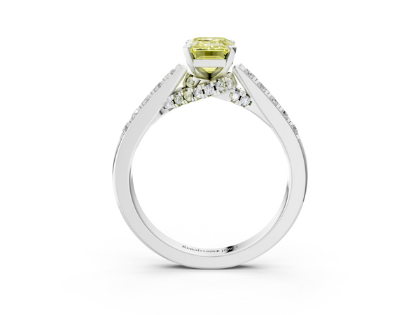 White gold Fancy Yellow Emerald  Diamond Solitaire Ring with Pavé Band and Prong Setting