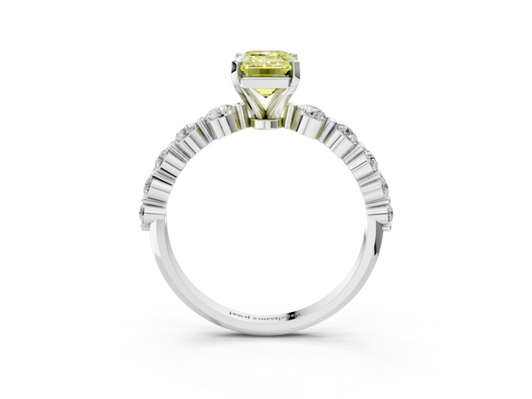 Platinum Fancy Yellow Emerald Cut Solitaire Diamond Ring with Pave Band and Four-Prong Setting