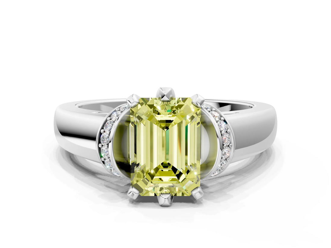 White gold Fancy Yellow Emerald  Solitaire Diamond Ring with Pave Band and Six-Prong Setting_32