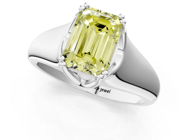 White gold Fancy Yellow Emerald Cut Diamond Solitaire Ring with Wide Band and Prong Setting