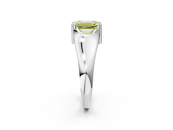 White gold Fancy Yellow Emerald Cut Diamond Solitaire Ring with Wide Band and Prong Setting