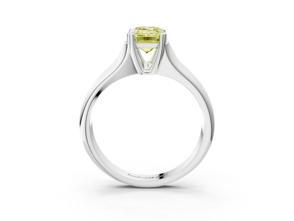 White gold Fancy Yellow Emerald Cut Diamond Solitaire Ring with Wide Band and Prong Setting