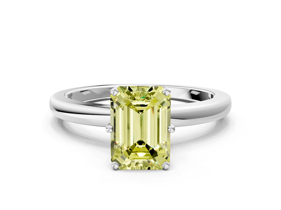 White gold Fancy Yellow Emerald  Solitaire Diamond Ring with Six-Prong Setting on a Classic Band_3
